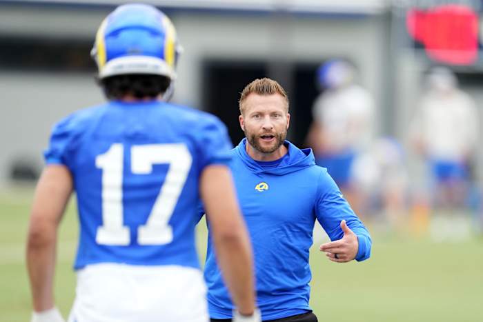 Sean McVay talks to Puka Nacua during offseason minicamp